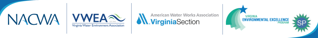 Logos for National Association of Clean Water Agencies, Virginia Water Environment Association, Virginia American Water Works Association, and Virginia Department of Environmental Quality Virginia Environmental Excellence Program Sustainability Partner