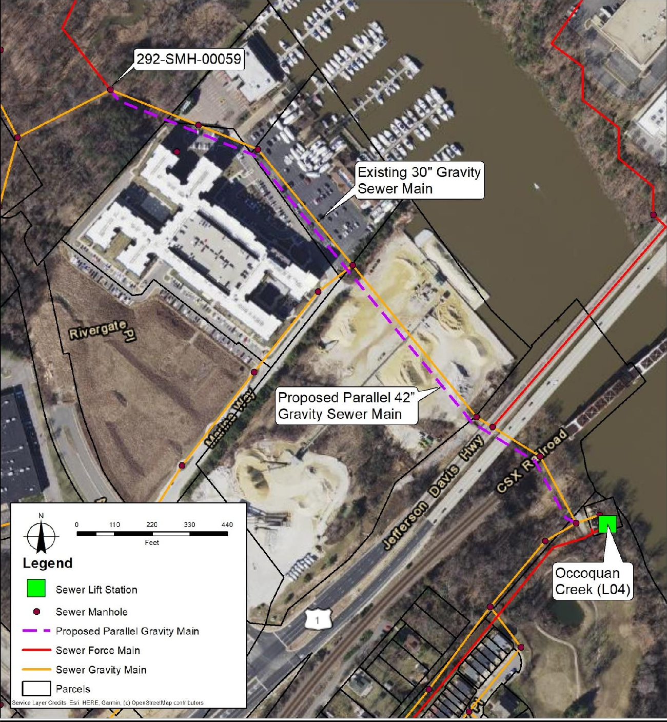 Satellite view of Occoquan Creek Sewage Pumping Station (SPS) Replacement and Gravity Sewer Main Project impact