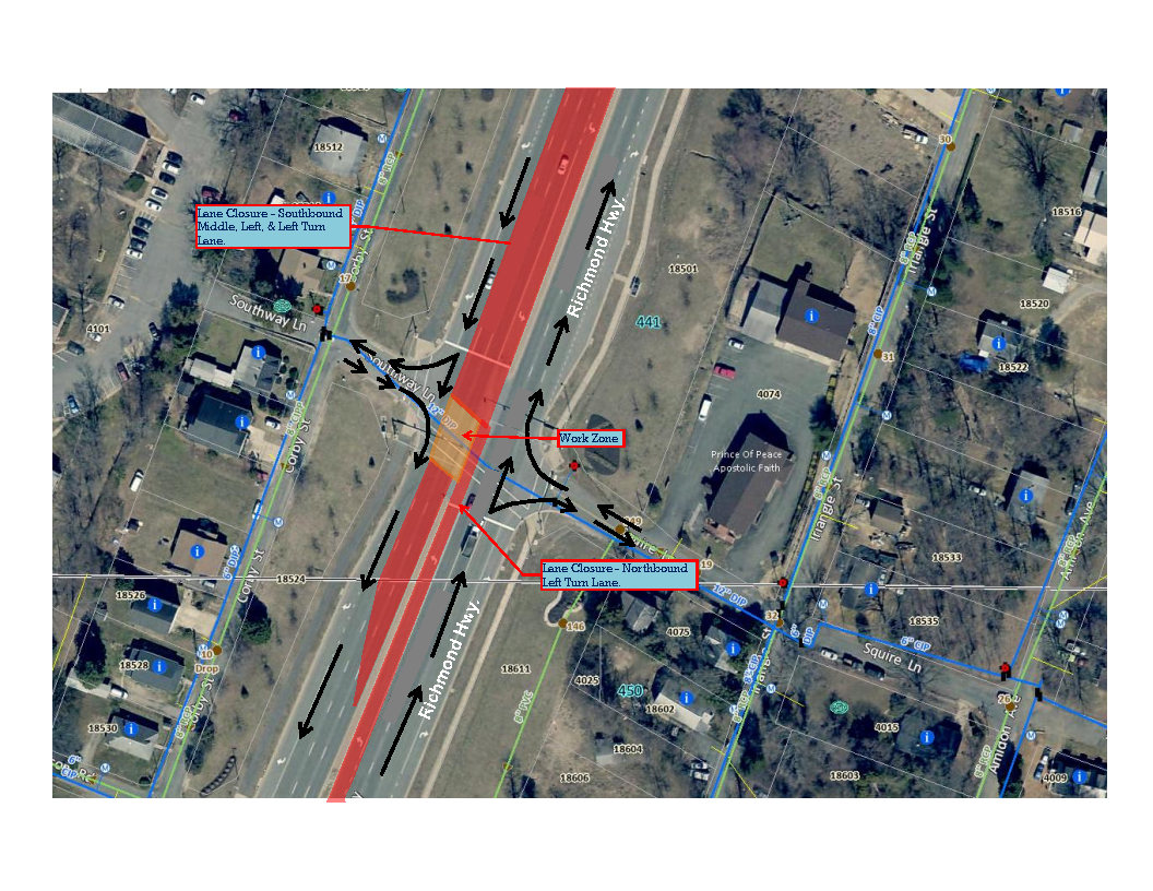 Aerial view showing lane closures on Richmond Highway and Southway Lane