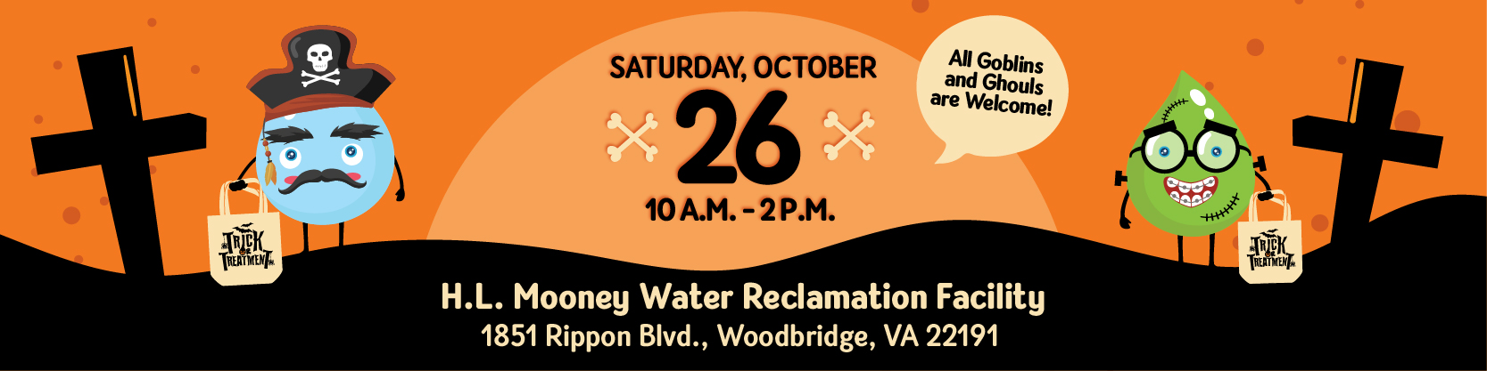 Halloween themed header graphic displaying date and time of Trick Or Treatment. Saturday, October 26, H.L. Mooney Advanced Water Reclamation Facility, 10 a.m.-2 p.m.