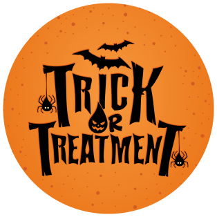 Trick or Treatment event logo on an orange background