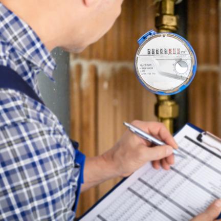 Photo: a meter reader checking a water meter and writing down the reading.