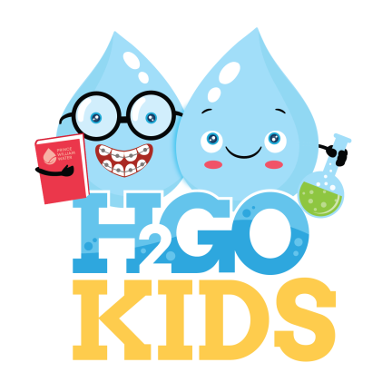 Graphic: a fun and bright graphic. Two water drops holding a book and a beaker stand atop a logo that says h2gokids.org