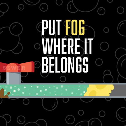 Graphic: a pipe filled with grease. The graphics says "Put FOG where it belongs"