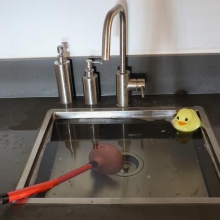 Photo: a kitchen sink overflowing. A plunger is in the sink.