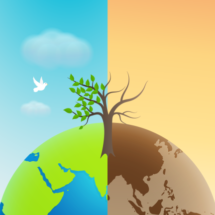 Graphic: the earth, half with water and half in a drought.