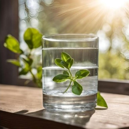 A glass of water with a leaf in it