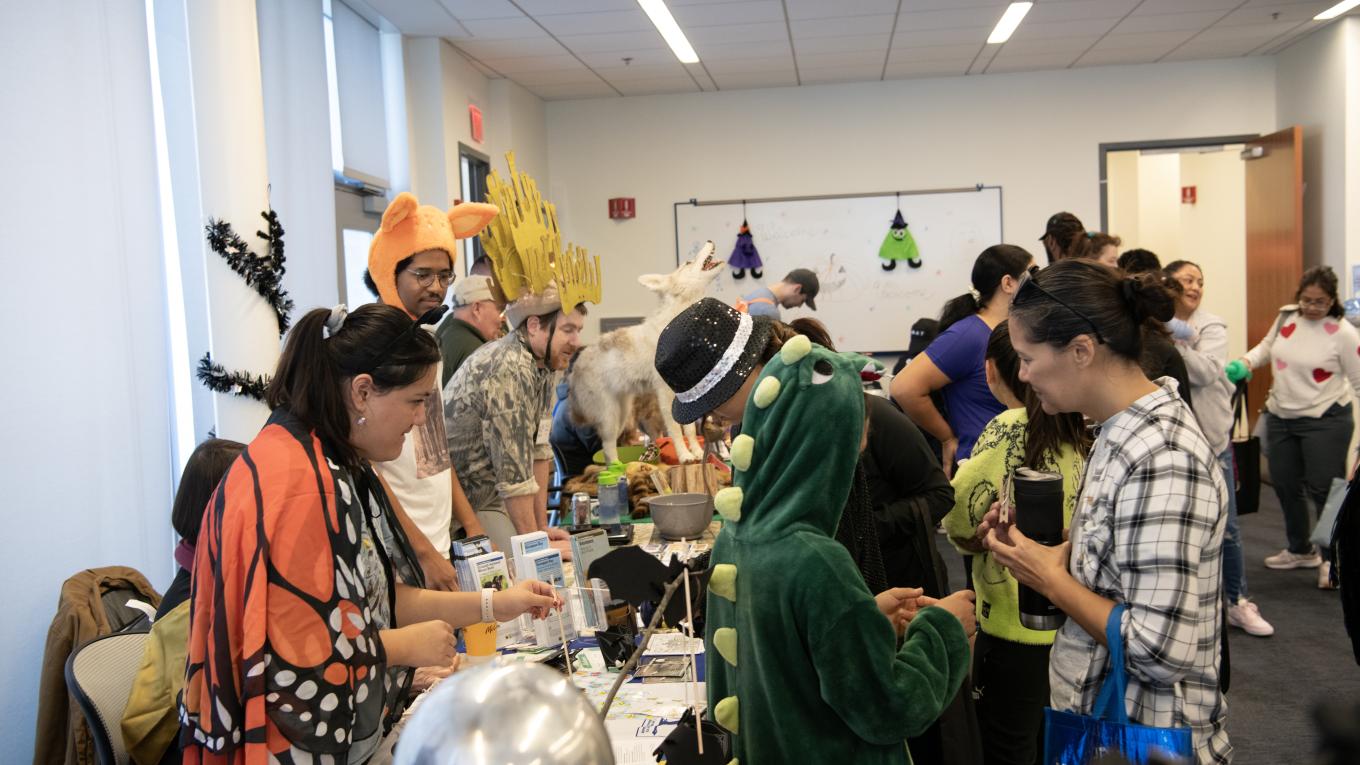 Individual at tables at a Halloween-themed event