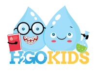 Graphic: cartoon water drops holding a textbook and a beaker with the logo h2gokids