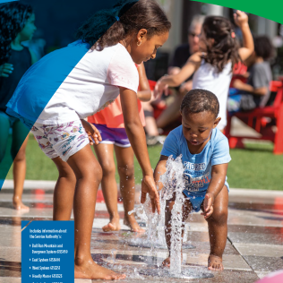 Cover of a water quality report. The cover features a photo of two kids playing in a splash pad.
