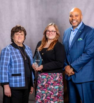 L-R, Susan D. Pekarek, NACWA’s Award Committee Chair pictured with Michelle Miranda, Community Engagement Manager and Calvin D. Farr, General Manager & CEO, both with Prince William Water