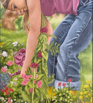 2025 Water Art Invitational Winning piece: A girl tends to flowers in a field with a watering can.