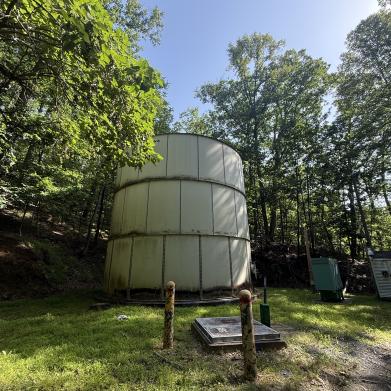 Ridge Road water tank standing among greenery