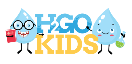 Graphic: two cartoon water drops, one holding a textbook and the other holding a beaker, with the words h2gokids