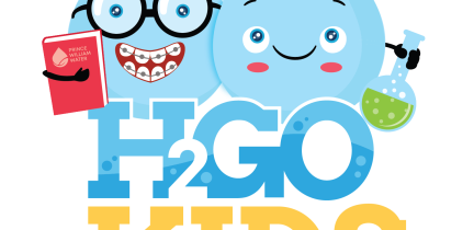 Graphic: a fun and bright graphic. Two water drops holding a book and a beaker stand atop a logo that says h2gokids.org