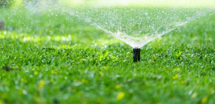 Photo: an automatic sprinkler irrigating grass