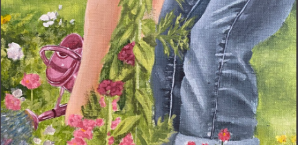 2025 Water Art Invitational Winning piece: A girl tends to flowers in a field with a watering can.