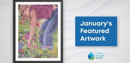 January Featured Artwork -  A young girl picking flowers with a watering can next to her