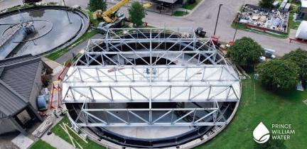 Birds' eye view of a basin at a wastewater treatment facility
