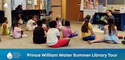 Children learning from a Prince William Water employee in a library