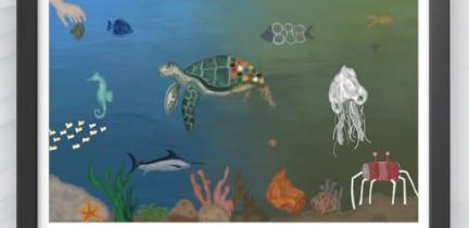 August featured artwork showing animals made of trash in an underwater scene.