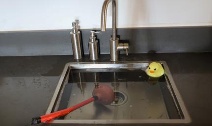 Photo: a kitchen sink overflowing. A plunger is in the sink.