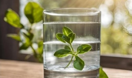 A glass of water with a leaf in it