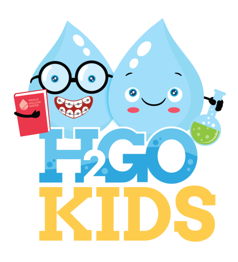 Graphic: a fun and bright graphic. Two water drops holding a book and a beaker stand atop a logo that says h2gokids.org