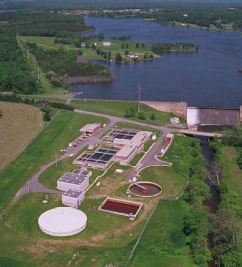 Photo: an aerial view of a small water treatment plant