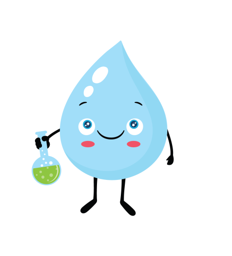 A cartoon water drop holding a beaker with a green liquid.