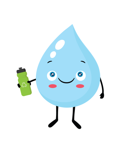 A cartoon water drop holding a green water bottle.