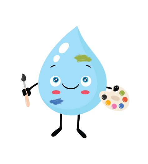 A cartoon water drop holding a paintbrush and palette.