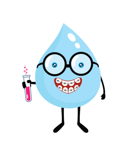 A cartoon water drop holding a test tube with a pink liquid.