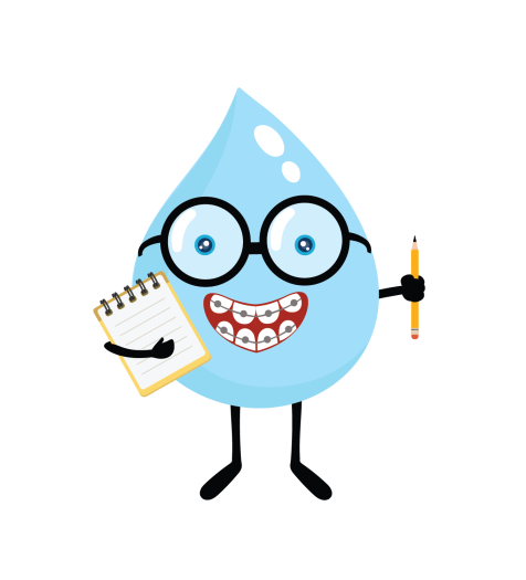 A cartoon water drop holding a pencil and a notebook.