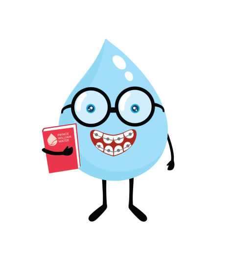 A cartoon water drop holding a red book.